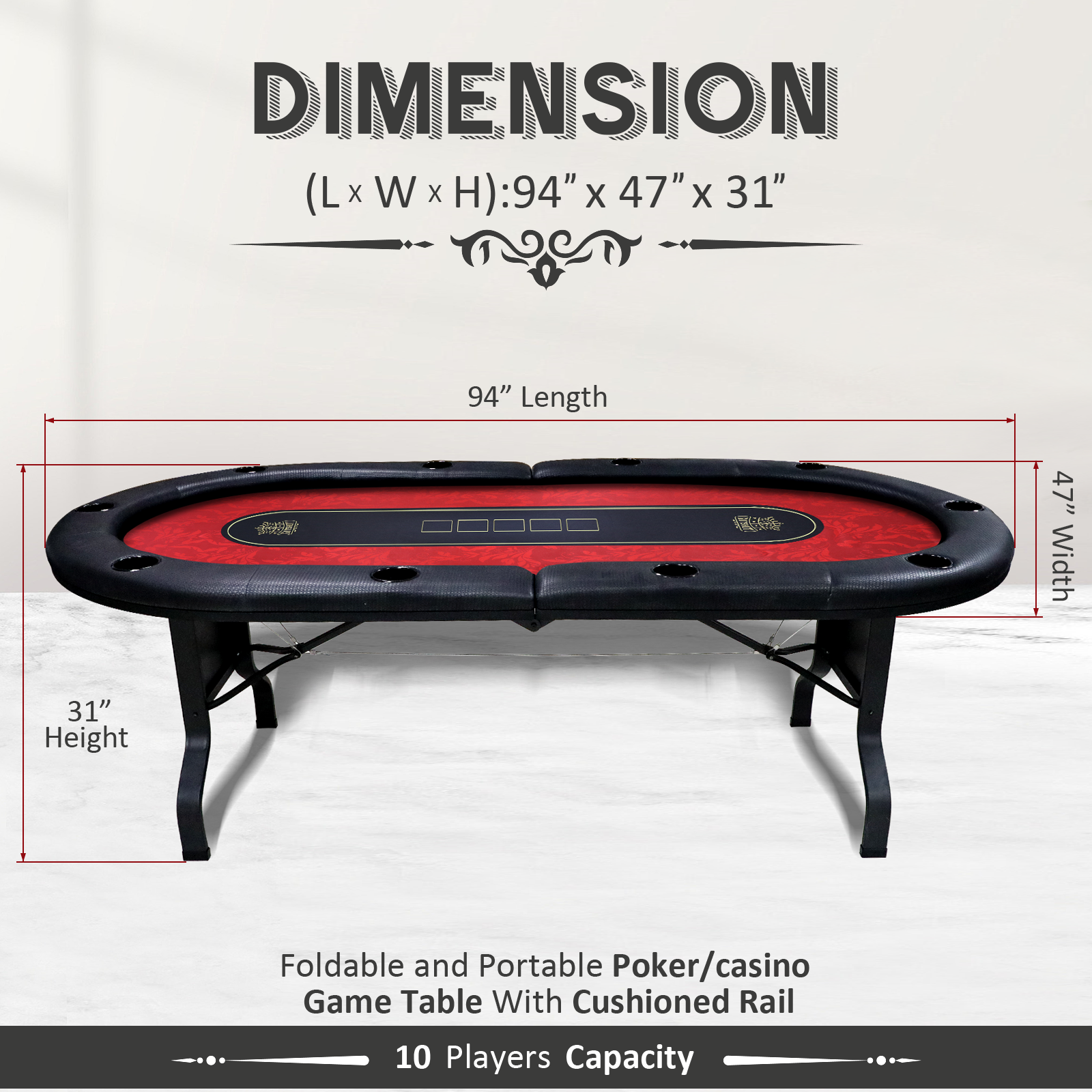 GUTSHOT 10 Player Folding Poker Table With Foldable Legs