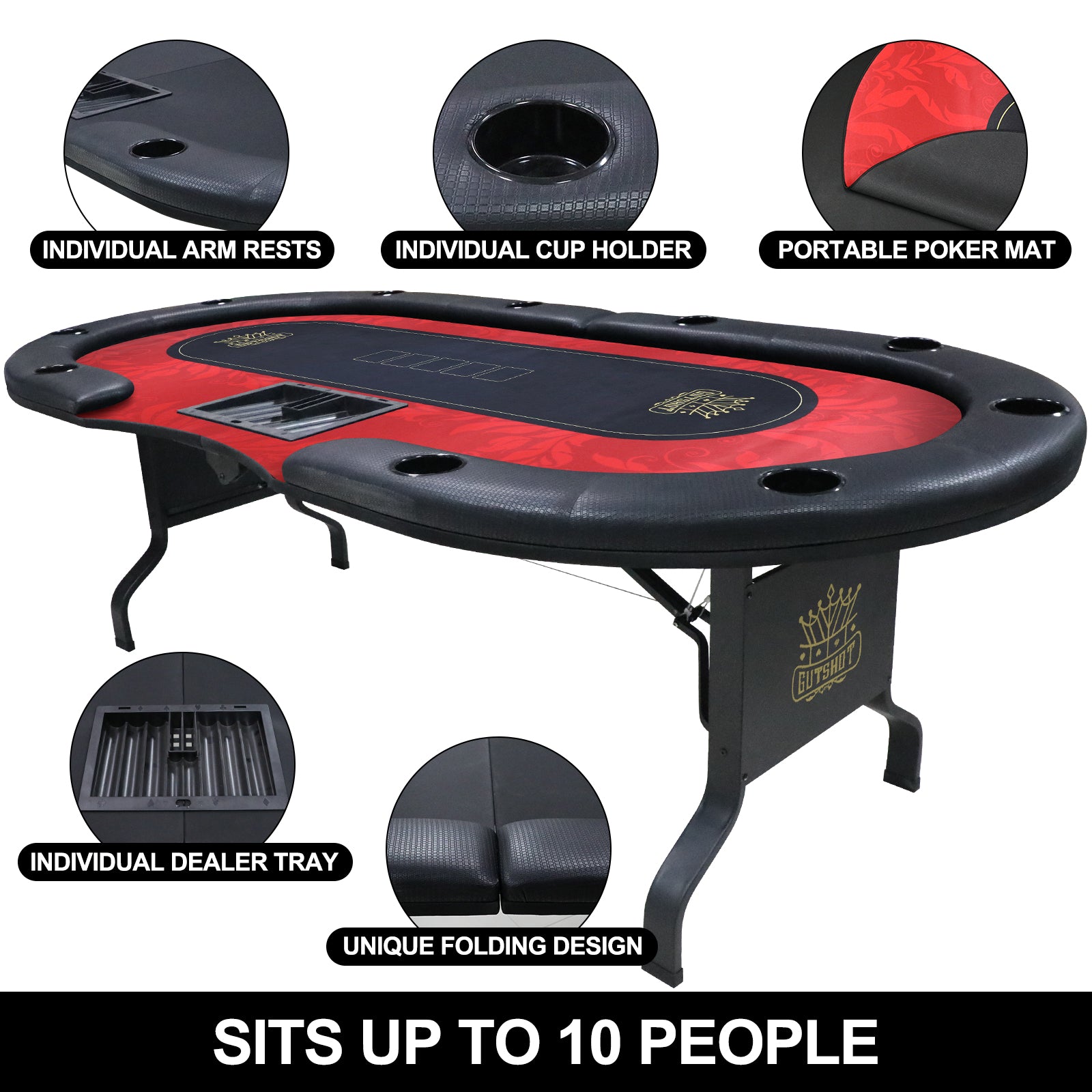 GUTSHOT 10 Player Folding Poker Table With Dealer Tray