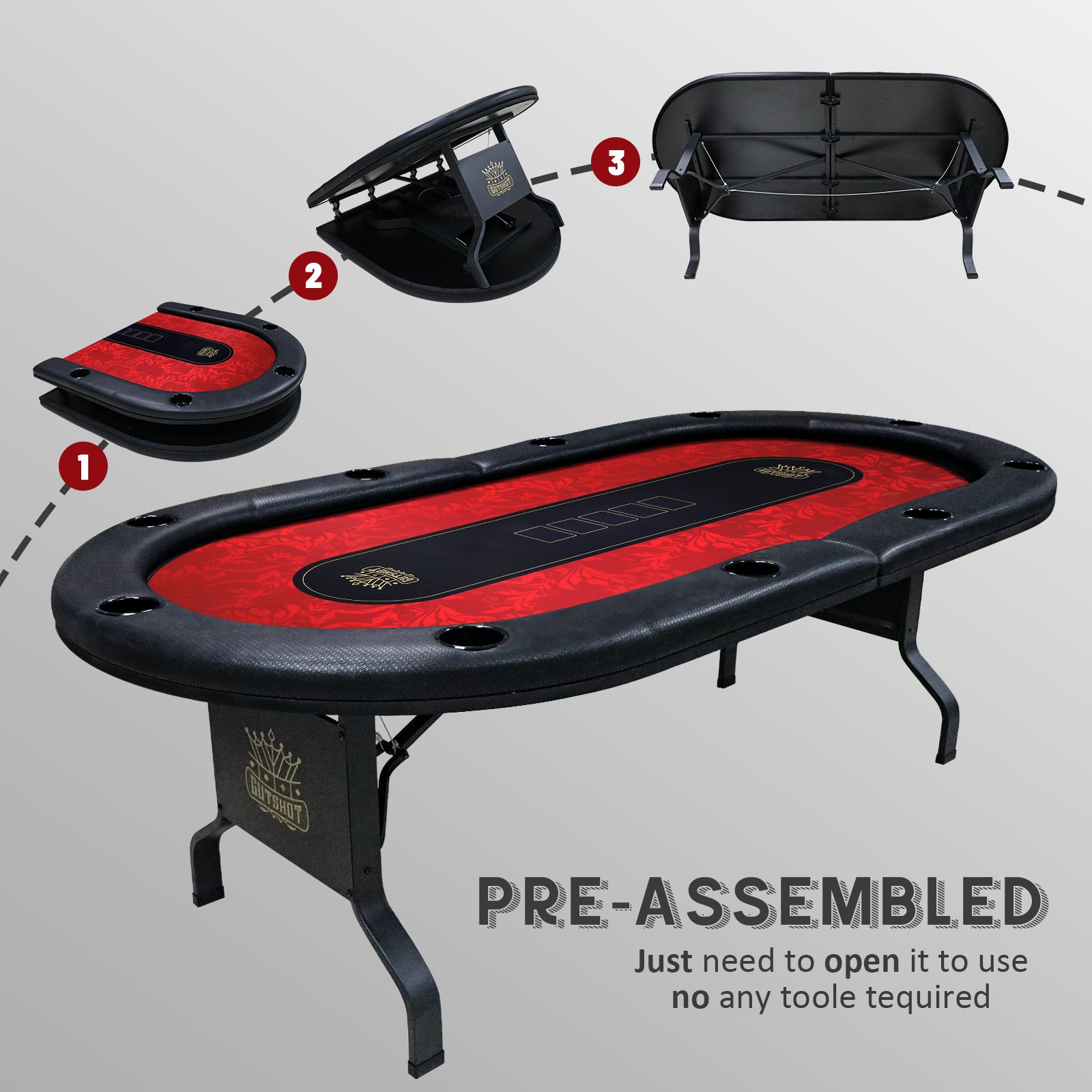 GUTSHOT 10 Player Folding Poker Table With Foldable Legs