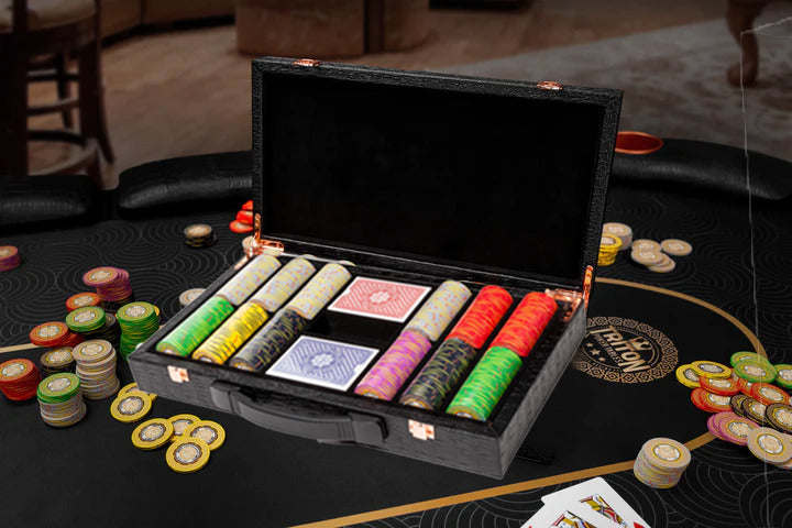 Triton Poker Chips Sets with 300 Chips, 2 Decks of Playing Cards and Leather Carrying Case for Casino